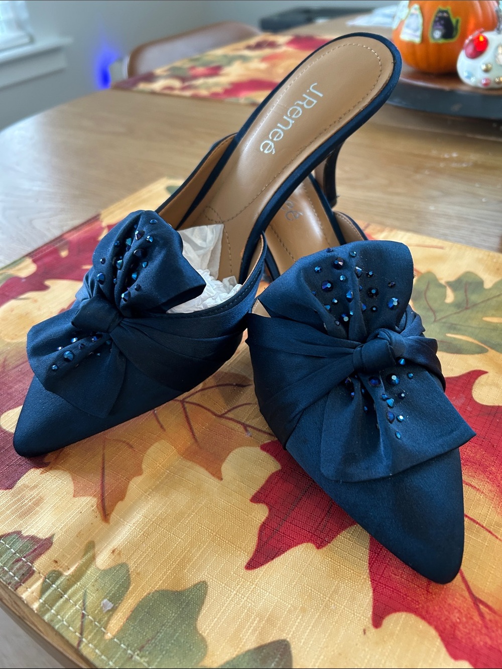 J.Renee Navy Satin Knotted Mule Heels with Crystal Accents